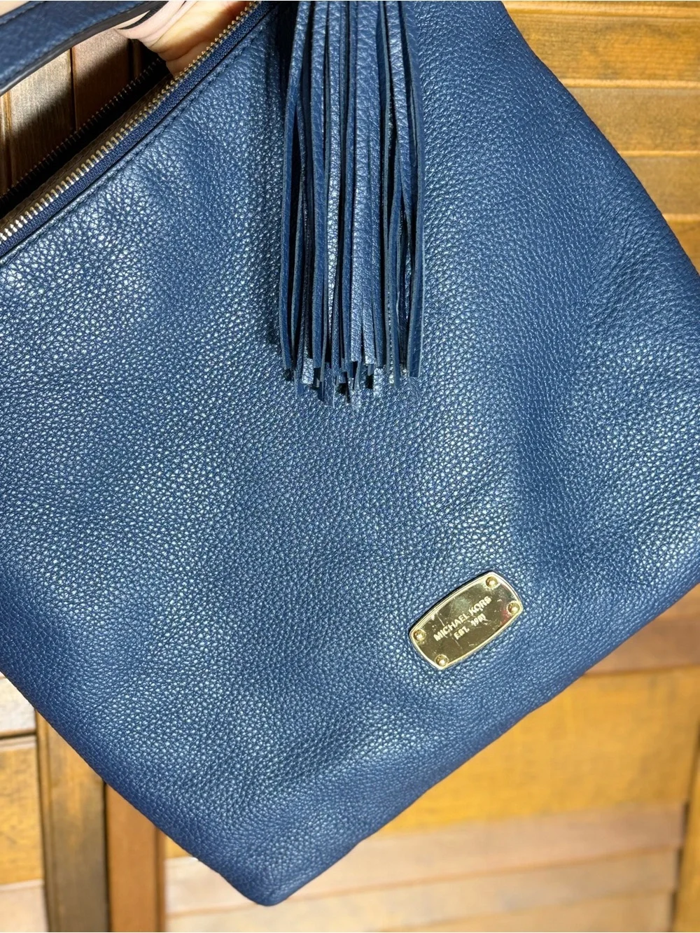 Michael Kors Navy Pebbled Leather Hobo with Tassel